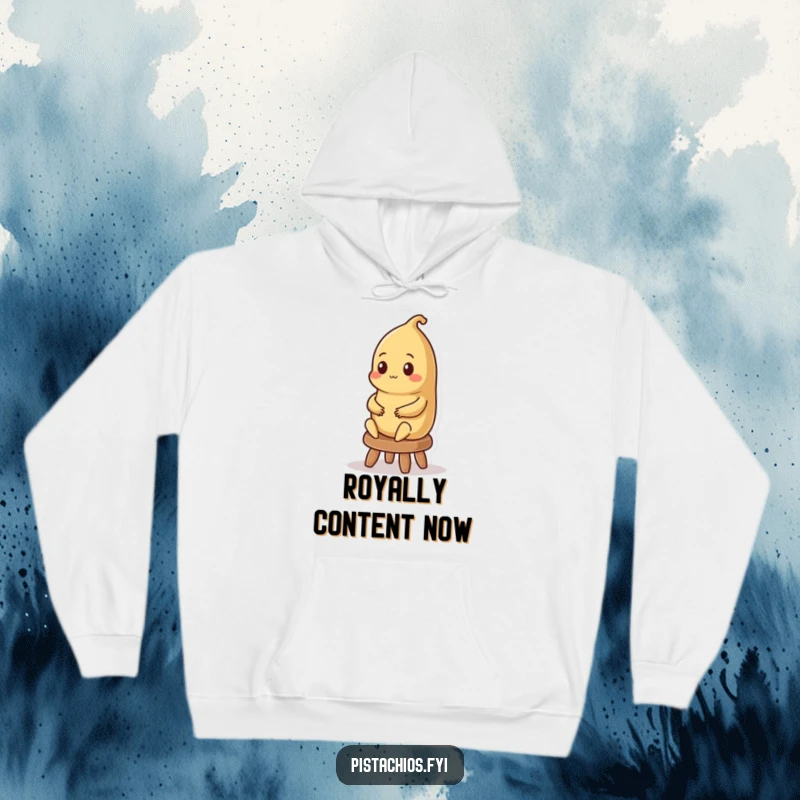 Funny hoodie graphic of a contented Brazil nut character sitting regally on a stool, radiating calm and noble vibes.