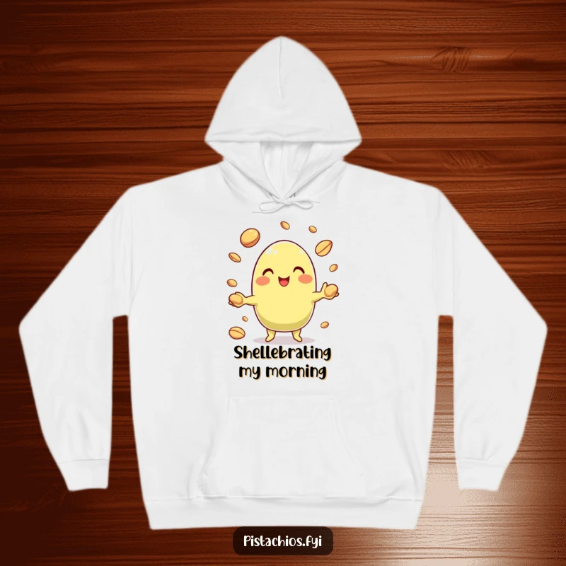 Funny Pistachio Hoodie depicting a joyful character juggling miniature nut shells, offering comfort and humor.