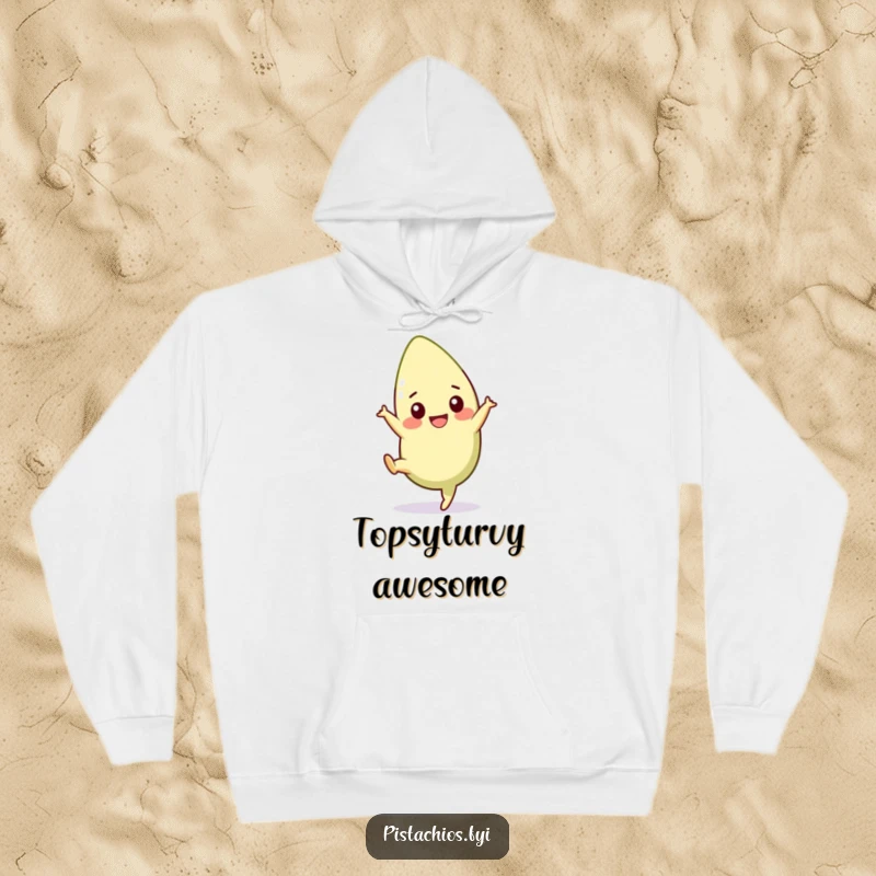 Funny pistachio hoodie with a cheerful character in a cartwheel pose, offering warmth and energetic humor. An ideal funny gift.