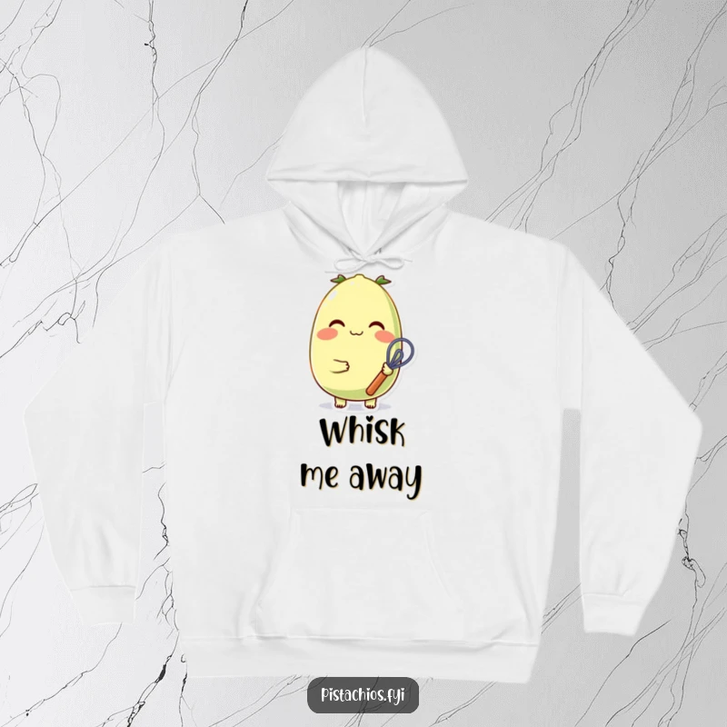 Funny, cozy pistachio character with rosy cheeks and a small whisk, perfect for staying warm and stylish, designed on a hoodie.