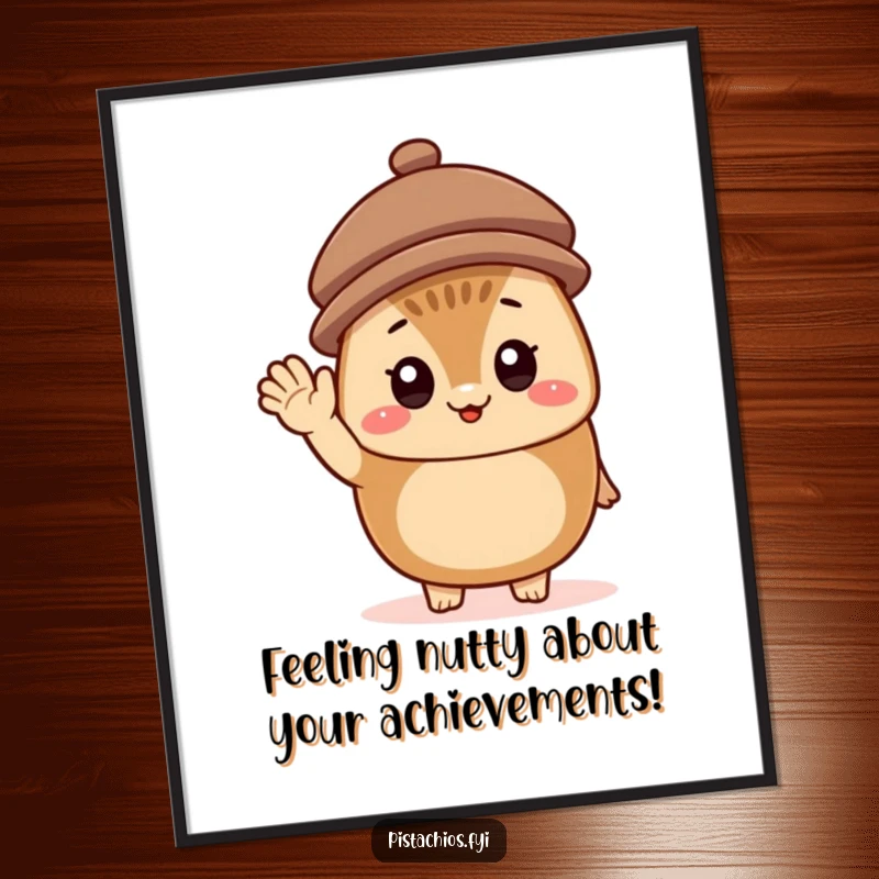Funny Free Printable Wall Art: A cheerful hazelnut character wearing a tiny hat and waving, radiating pure, nutty happiness.