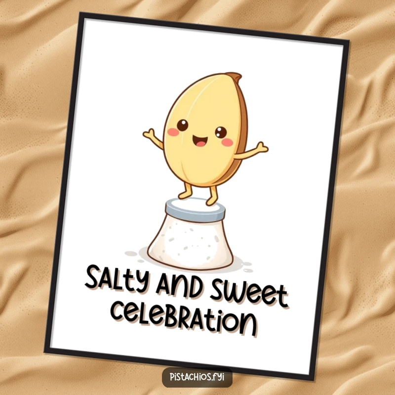 Funny Free Printable Wall Art: a smiling pistachio nut performing a spirited dance on salt crystals, a playful decor piece.