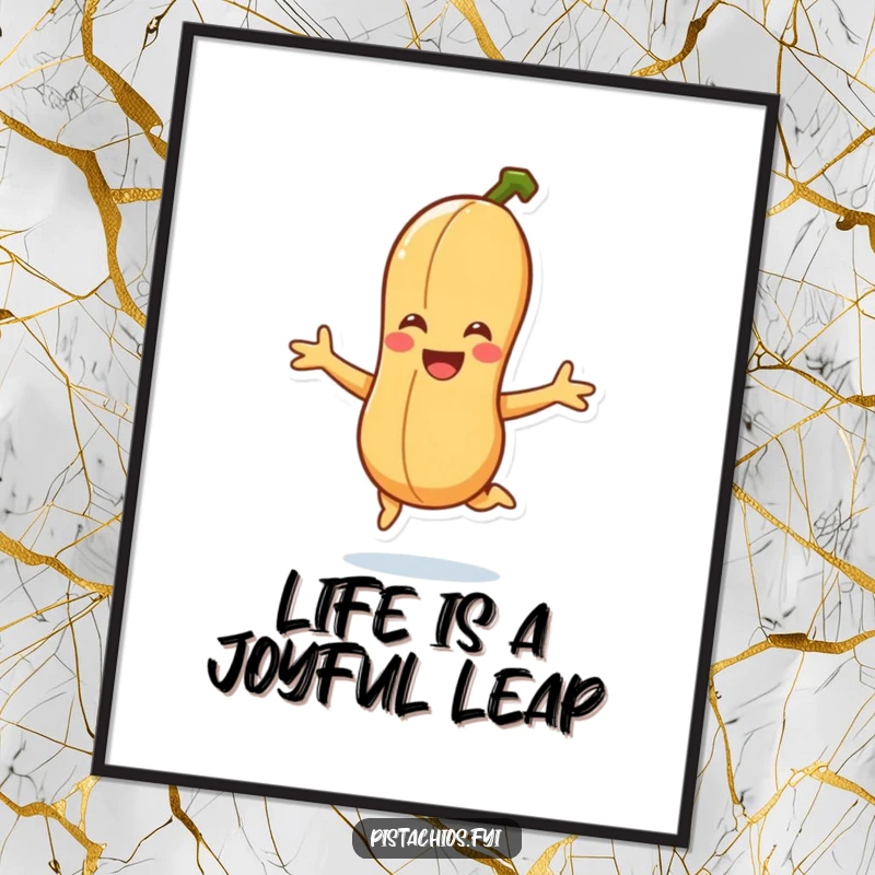 Funny Free Printable Wall Art: Smiling peanut character doing a joyful jump, energetic design, downloadable art.