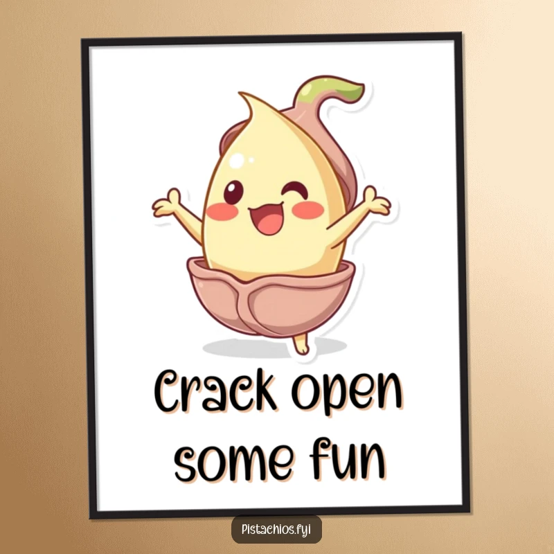 Funny Free Printable Wall Art: Jubilant pistachio nut bursting from shell, energetic and fun design, downloadable art.
