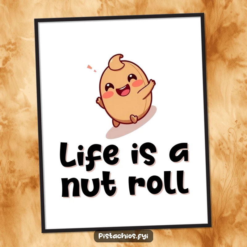 Funny Free Printable Wall Art: Giggling hazelnut character mid-roll downhill, radiating pure, contagious glee.