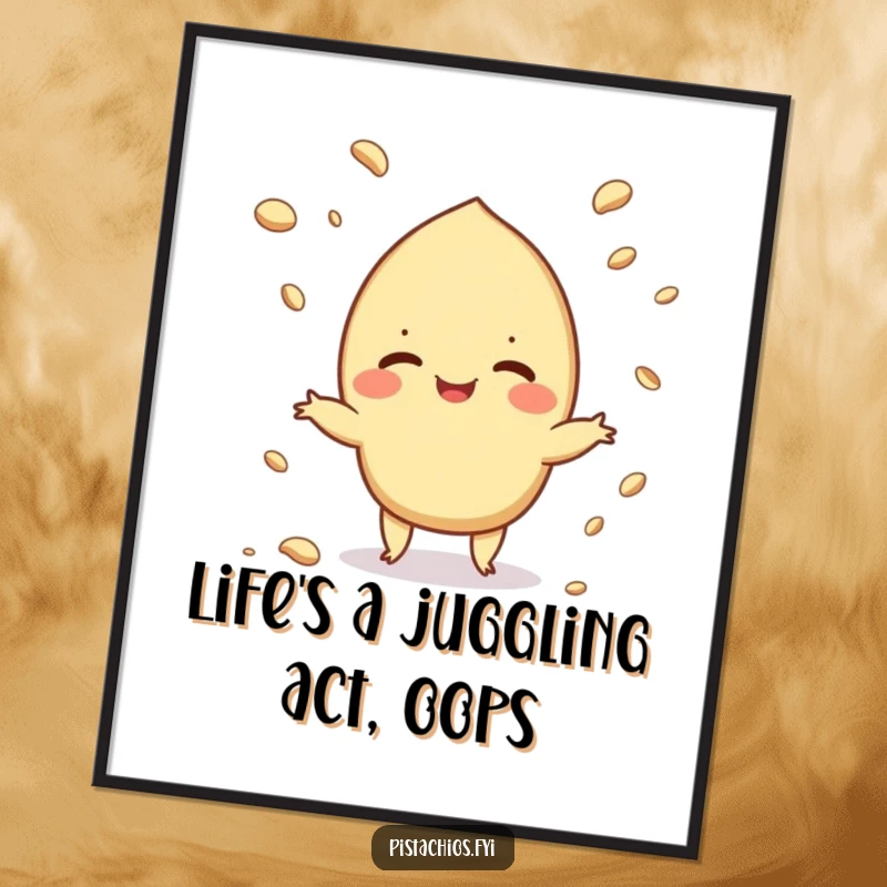 Funny Free Printable Wall Art of a giggling pistachio character skillfully juggling a handful of tiny crumbs.