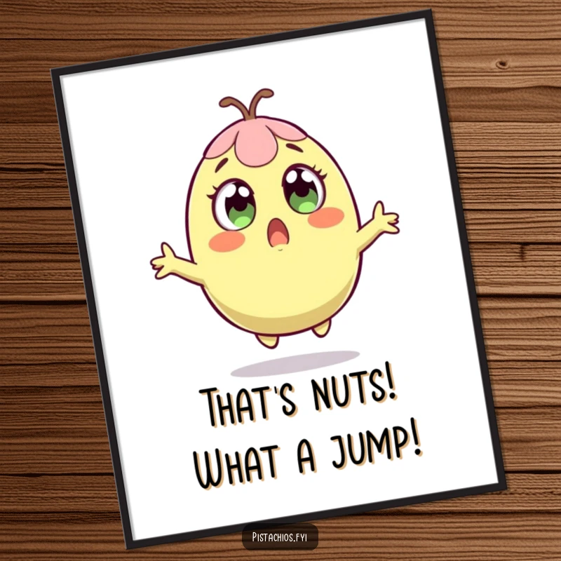 Funny Free Printable Wall Art of a surprised pistachio character captured mid-leap with wide, astonished eyes.