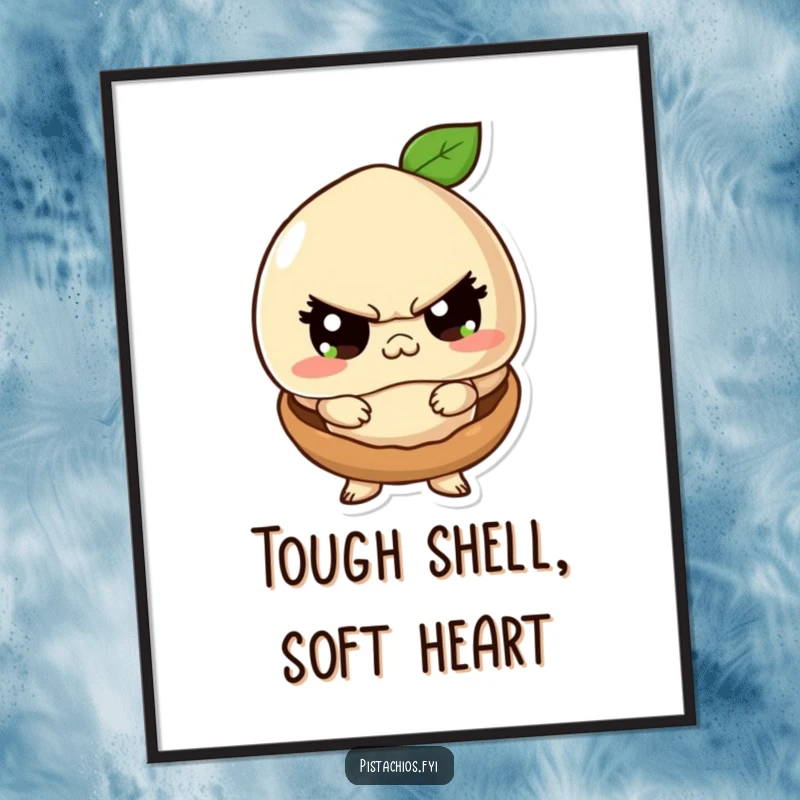 Funny Free Printable Wall Art: Playful macadamia nut character acting tough inside a small shell. Humorous downloadable decor for a bold statement.