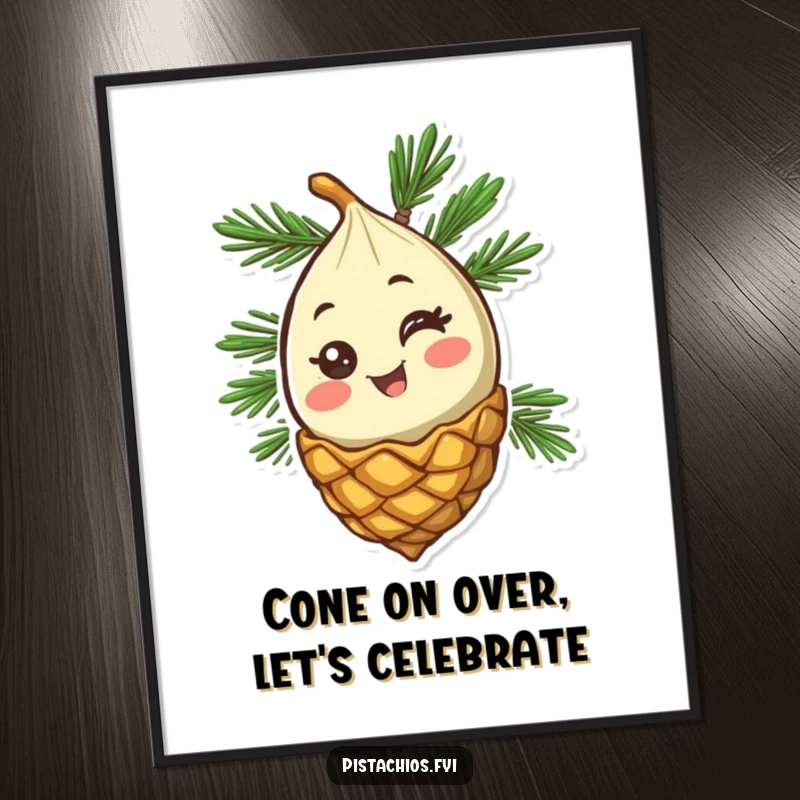 Funny Free Printable Wall Art: Happy Pine nut winking from its cone, adding playful humor to your wall decor.