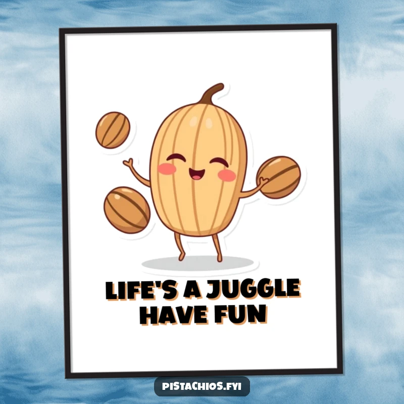 Funny Free Printable Wall Art: A winking walnut character juggling three nuts, perfect for quirky and humorous downloadable art.