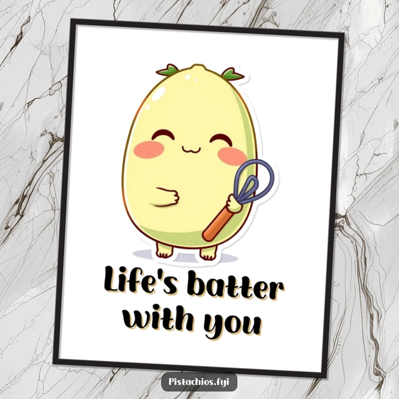 Funny Free Printable Wall Art: A cheerful pistachio with rosy cheeks holds a small whisk, radiating pure, happy energy for your decor.