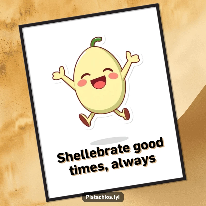 Funny free printable wall art featuring a happy pistachio character captured mid-leap, full of excitement and playful energy.