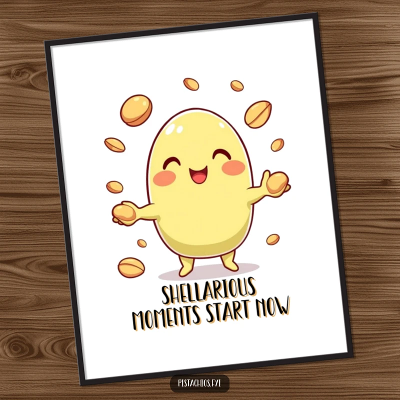 Funny Free Printable Wall Art: A smiling pistachio character enthusiastically juggling tiny nut shells, adding playful charm to walls.