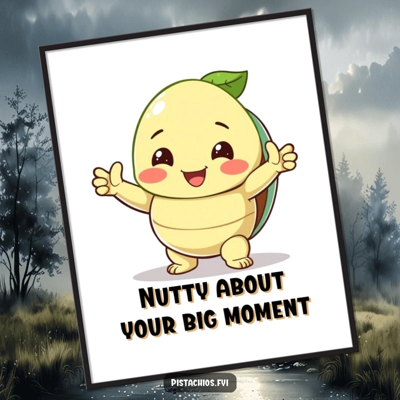 Funny Free Printable Wall Art featuring a smiling pistachio character in a triumphant pose with its shell open, adding quirky charm.