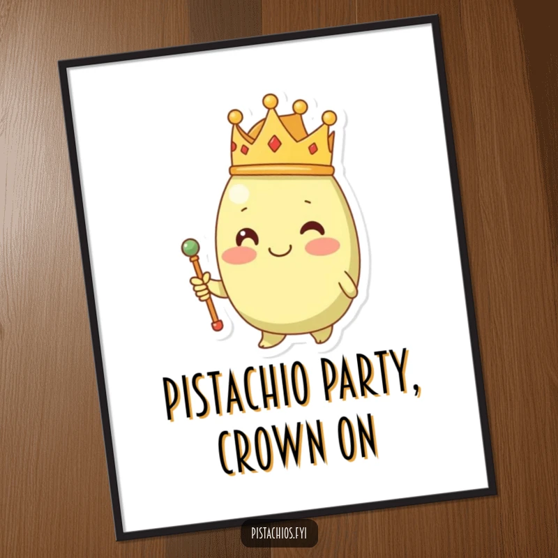 Funny Free Printable Wall Art: A smiling pistachio character dons a tiny crown and holds a miniature scepter regally.