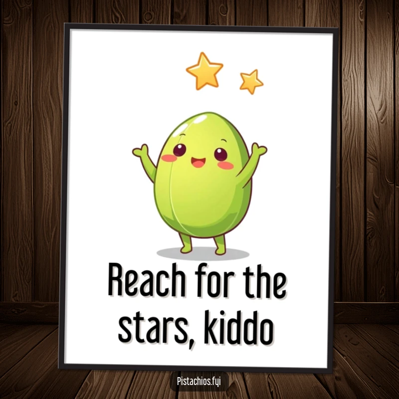 Funny Free Printable Wall Art: Green pistachio nut reaching with enthusiasm for a golden star in the sky.