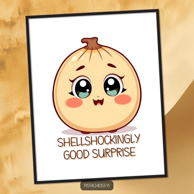 Funny Free Printable Wall Art of a surprised nut character with wide, happy eyes and a blush, radiating pure joy and delight.