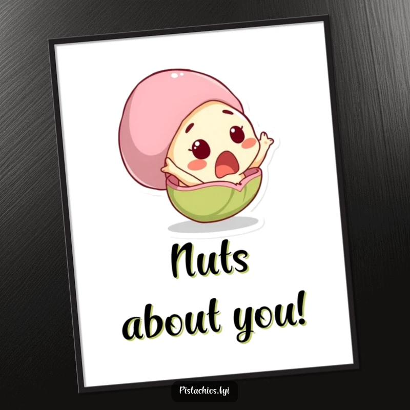 Funny free printable wall art depicting a shocked pistachio character mid-leap from its shell, adding humor to decor.