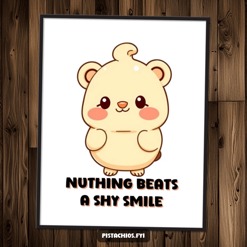 Funny Free Printable Wall Art: A blushing macadamia nut character offering a shy smile, creating a cozy and sweet atmosphere.