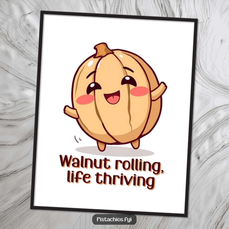 Free printable wall art: A giggling walnut character is depicted hilariously rolling around with uncontrollable glee.