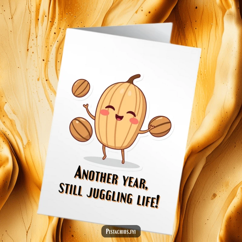 Funny Free Printable Birthday Card: Winking walnut character expertly juggling nuts, a comedic downloadable gift for celebration.