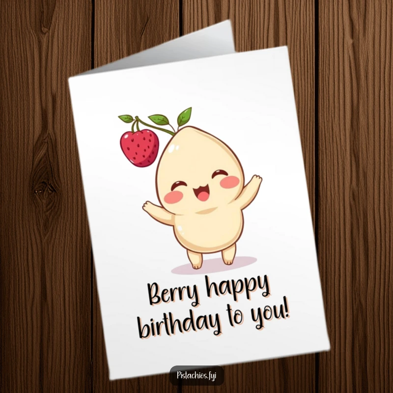 Funny Free Printable Birthday Card: Delighted Cashew character humorously balancing a single berry perfectly on its head.