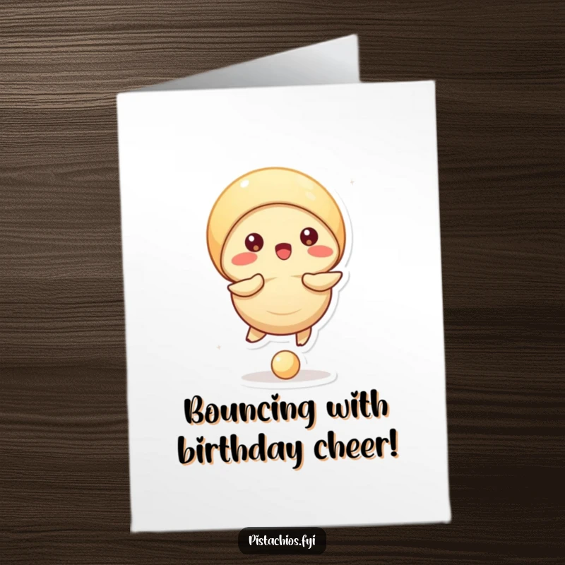 Funny Free Printable Birthday Card: A pistachio character skillfully bounces a tiny ball using its own shell.