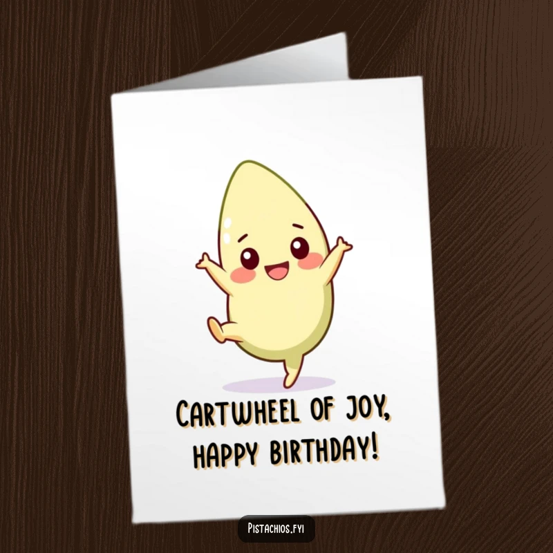 Funny Free Printable Pistachio Birthday Card showing a cheerful pistachio doing a cartwheel, wishing a happy and energetic birthday.