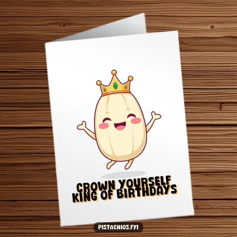 Funny Free Printable birthday card: A happy pistachio wearing a tiny crown hops joyfully, spreading birthday cheer and laughter.