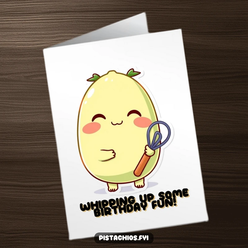 Funny Free Printable Birthday Card: A cheerful pistachio with rosy cheeks humorously holds a tiny whisk, ready for some birthday baking fun.