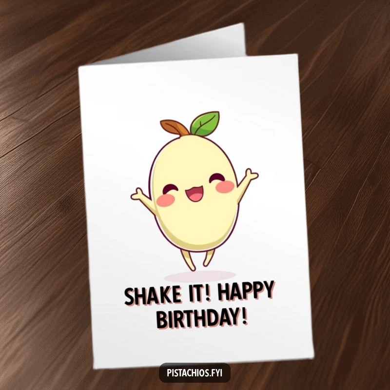 Funny Free Printable Birthday Card featuring a joyful pistachio character doing a happy, energetic dance.