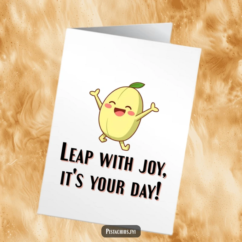 Funny Free Printable Birthday Card: A joyful pistachio character mid-leap, radiating happiness, perfect for sending birthday cheer.