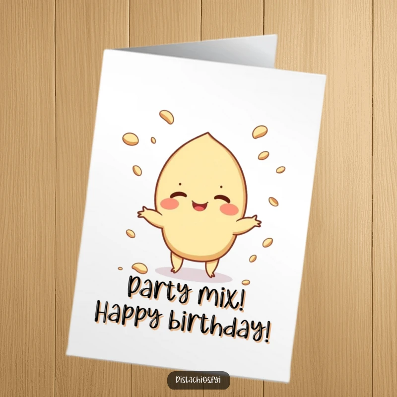 Funny Free Printable Birthday Card featuring a giggling pistachio character expertly juggling tiny crumbs.