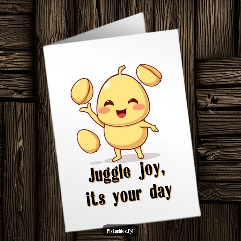 Funny Free Printable birthday card: A smiling pistachio character juggles two other pistachios with impressive skill, wishing happy birthday.