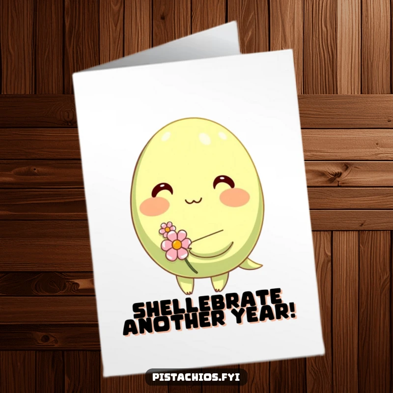 Funny Free Printable Birthday Card: Shy pistachio blushing deeply, offering a tiny flower, perfect for a sweet, humorous greeting.