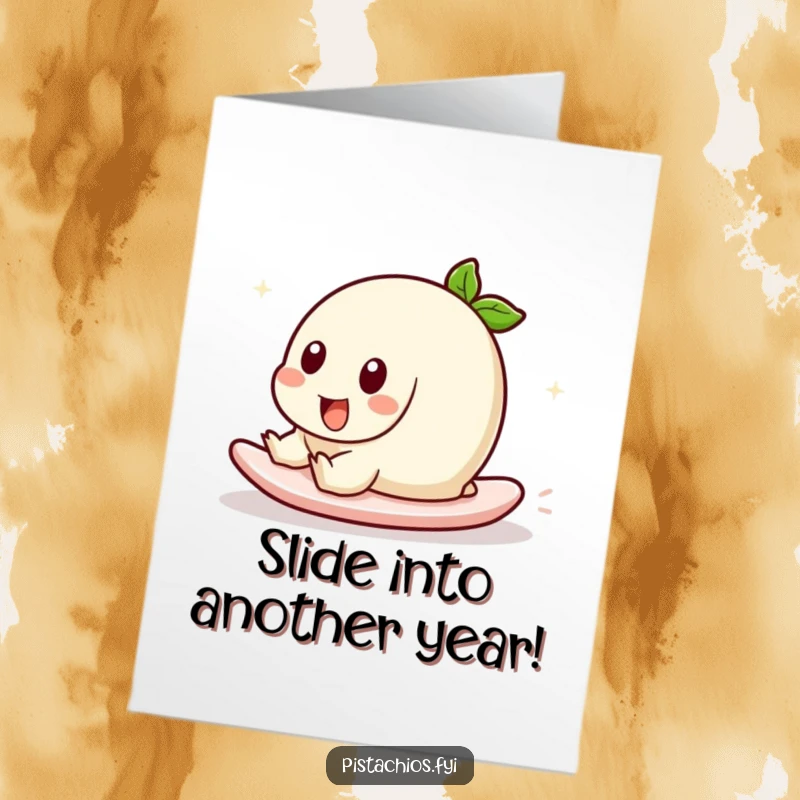 Funny Free Printable Birthday Card: A pistachio character happily sliding with a sense of carefree fun.