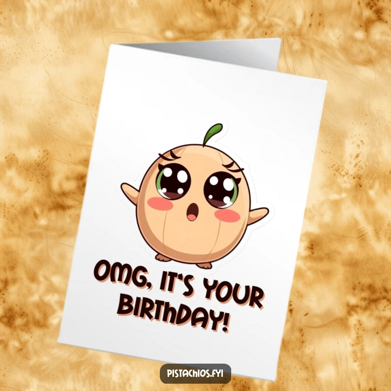 Funny Free Printable Birthday Card: Surprised brazil nut character with wide eyes and an open mouth, reacting to a surprise.
