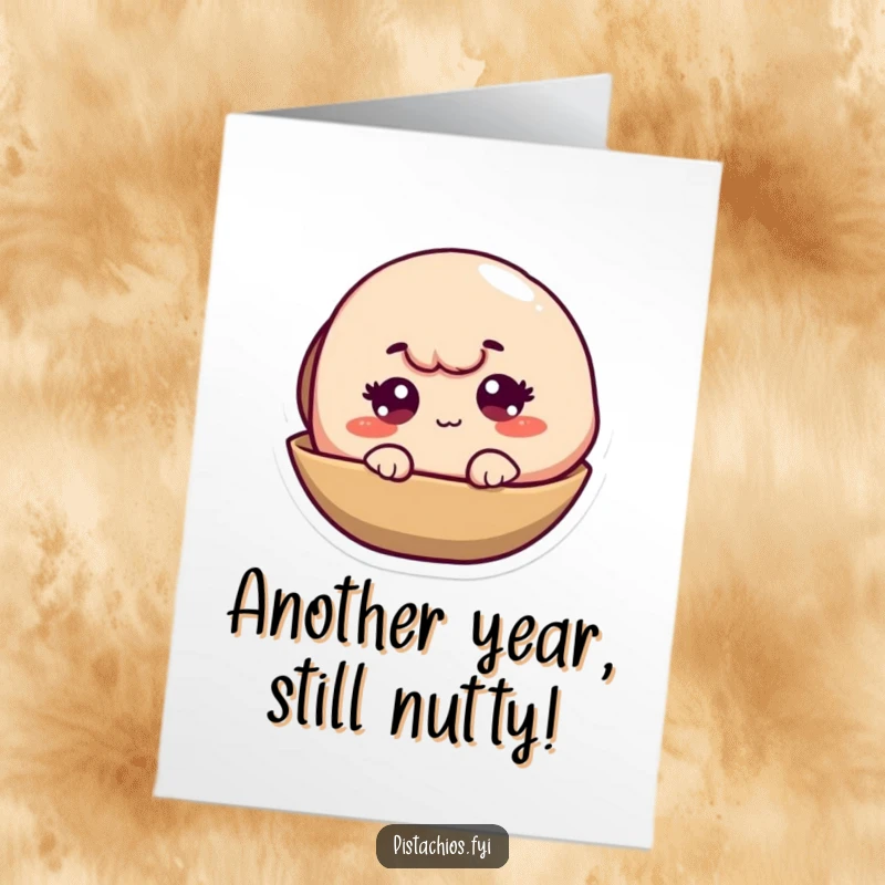 Funny Free Printable Birthday Card: A mischievous pistachio character winking slyly from within its cracked shell, full of personality.