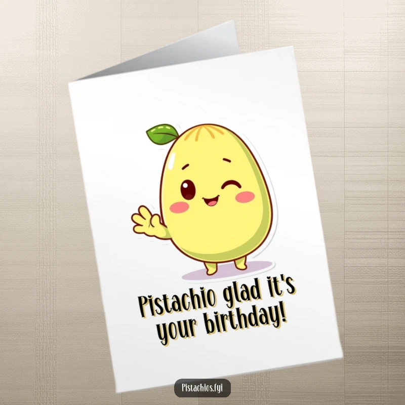 Funny Free Printable Birthday Card featuring a cheerful pistachio character giving a friendly wave, perfect for a nutty greeting.