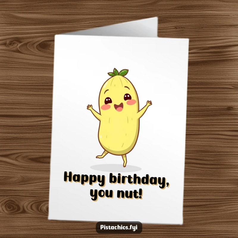 Funny free printable birthday card of a cheerful pistachio character joyfully performing a silly, happy jig.