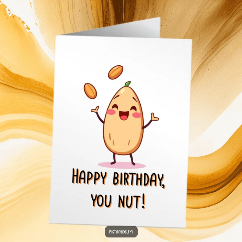 Funny Free Printable Birthday Card: A cheerful almond joyfully juggles three small nuts with impressive skill.