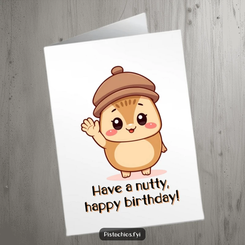 Funny Free Printable Birthday Card: A cheerful hazelnut character wearing a tiny hat and waving enthusiastically, spreading joy.