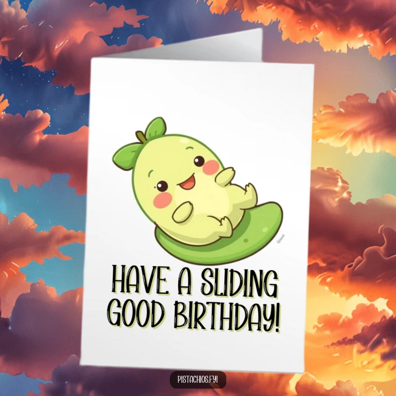 Funny Free Printable Birthday Card: A pistachio character sliding gleefully down a green surface, embodying pure birthday joy.