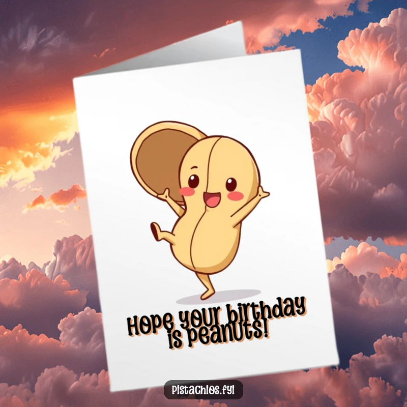 Funny Free Printable Birthday Card: A playful peanut character doing a cartwheel with its shell open, full of acrobatic delight.