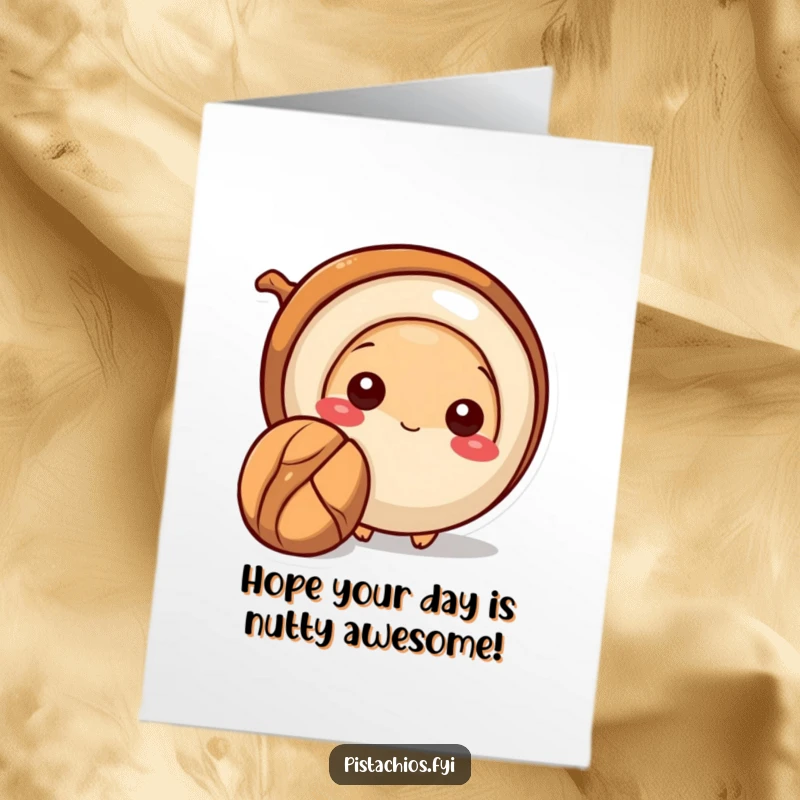 Funny Free Printable Birthday Card: A shy pecan character nervously peeks from behind a larger nut, offering birthday wishes.