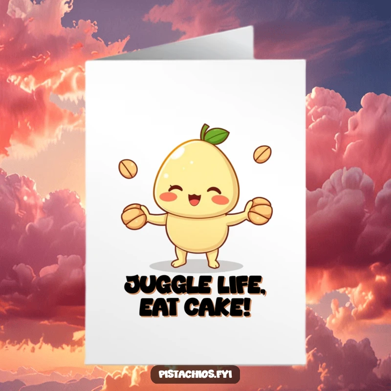 Funny Free Printable Birthday Card: A cheerful pistachio expertly juggling its broken shells with a smile.