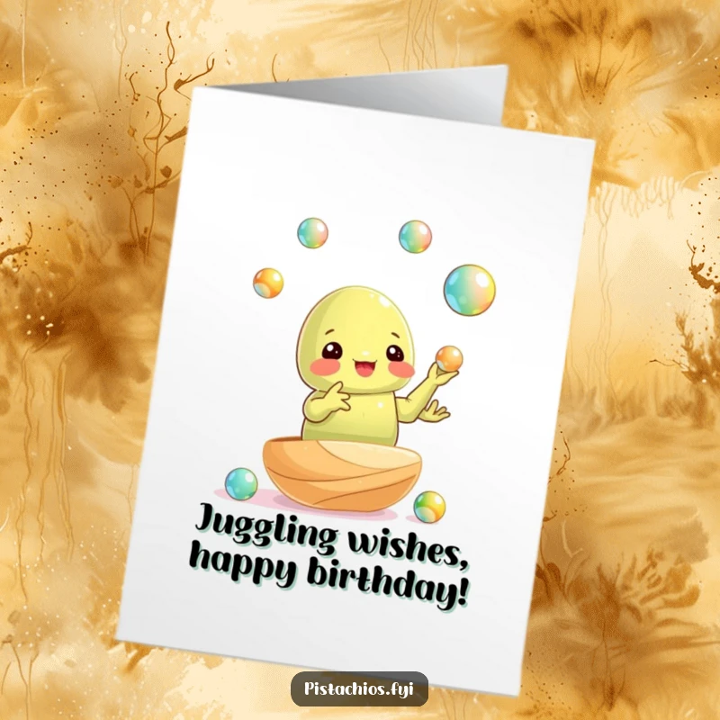 Funny Free Printable Birthday Card: a pistachio nut skillfully juggling shiny marbles, showcasing impressive dexterity.