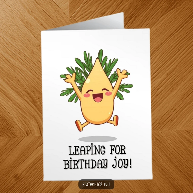 Funny Free Printable Birthday Card: Joyous pine nut character leaping high in the air with pure excitement.