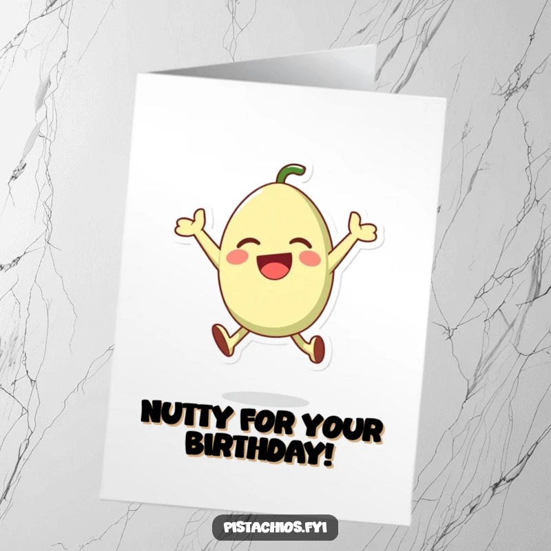 Funny free printable birthday card of a cheerful pistachio character joyfully leaping high in the air with excitement.