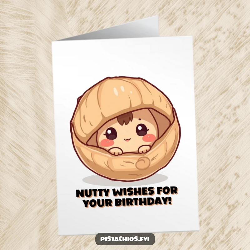 Funny Free Printable Birthday Card: Curious Hazelnut peeking from husk, bringing a smile, ideal for DIY gifts.